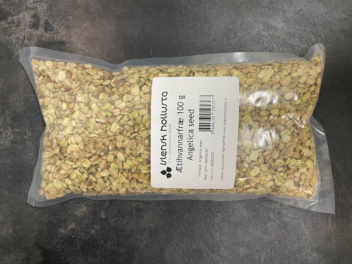 100% pure, dried angelica seeds, handpicked sustainably in Icelandic nature. Perfectly suited for flavouring dishes, pickling, and in tea blends.