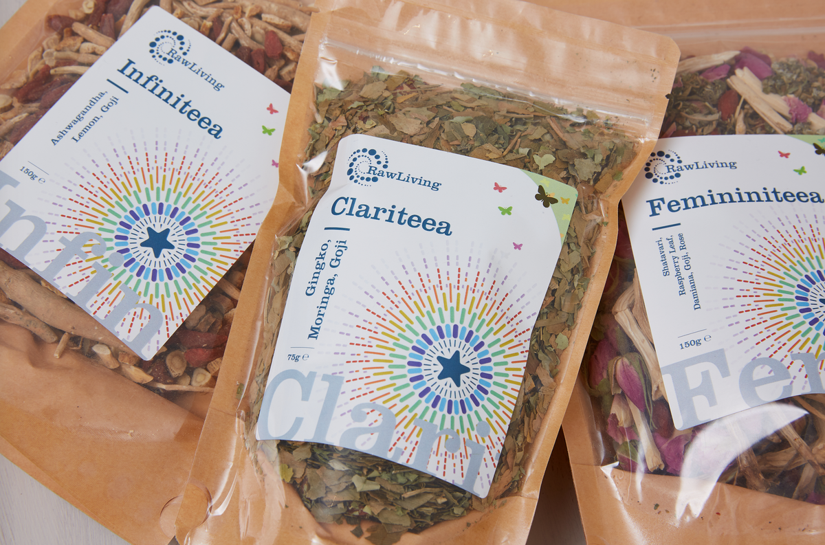 RealiTeas | Buy All 7 Get 10% Off | Raw Living UK | Herbal Teas | Raw Living RealiTeas are Premium Loose Leaf Herbal Teas. Grab all 7 blends now: Clariteea, Eterniteea, Femininiteea, Immuniteea, Infiniteea, PMTeea &amp; Sleepiteea